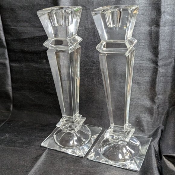 Vintage Retro 80s Cut Crystal Glass Candlestick Candle Holder Square 10 Inch - Picture 1 of 10